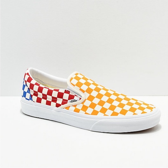 Van's Checkered Slip-On Shoes Sneakers Orange Blue Red Women's Size 6 - Picture 1 of 11